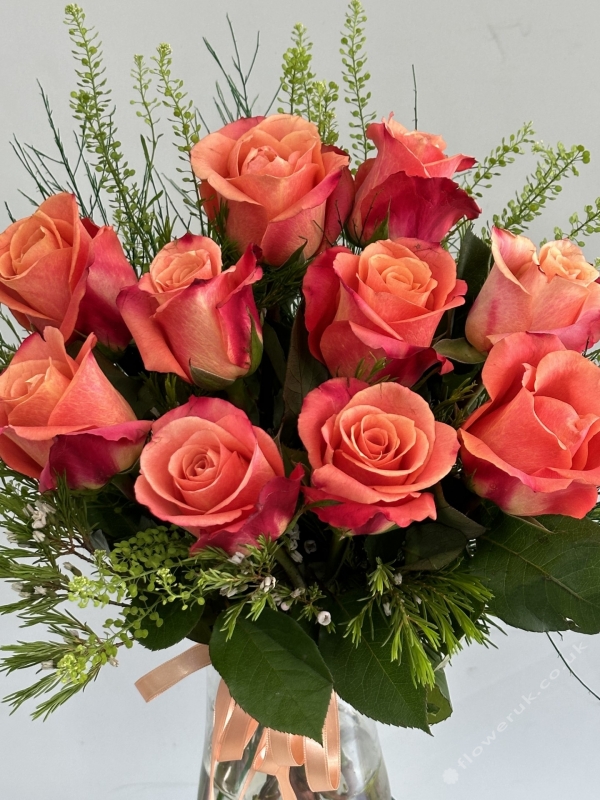 10 Coral Color Rose In Vase
