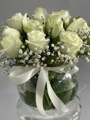 White Roses In Glass Bowl Vase